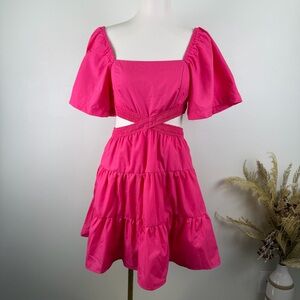 NWT Blu Pepper Size S Hot Pink Puff Sleeve Cutout Tiered Mini Dress